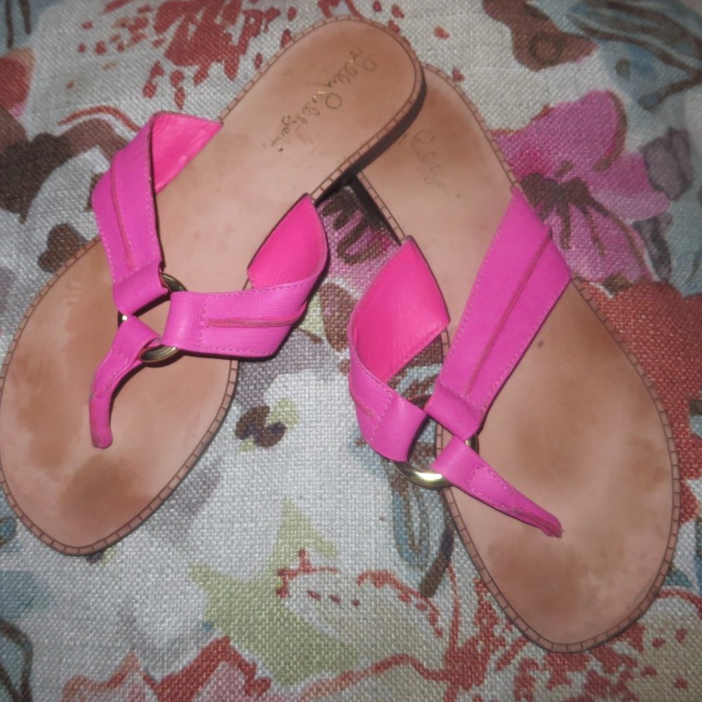 ❤️LILLY PULITZER McKIim Presecco Piink Textured Leather Flip Flop Sandals 7 1/2